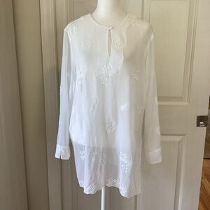 White Sheer Embroidered Tunic Blouse Long Sleeve Boho Chic Sz M